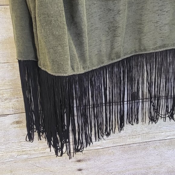 NWT Large LuLaRoe Fringed Monroe 'Kimono' - Khaki Green with Black Fringe - Picture 3 of 6